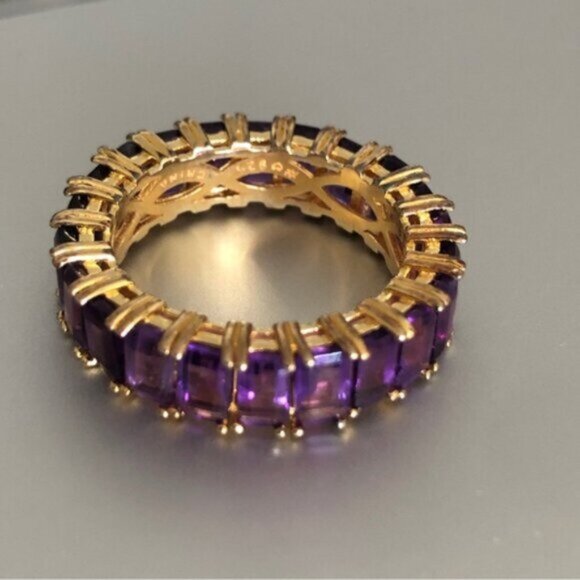 Emerald Cut Band Gold Plated Sterling Silver 925 Gen Amethyst Purple Ring Sz.8 - Picture 7 of 16